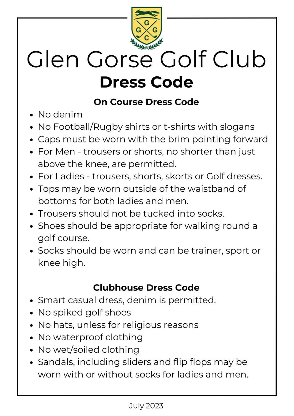 Dress Code & Policies Glen Gorse Golf Club